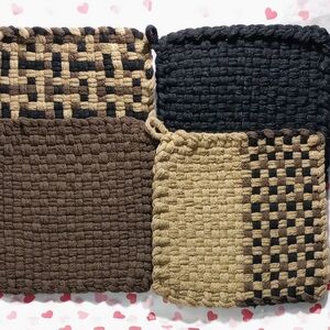 Box of Chocolates Black, Brown, Tan Handmade Set Of 4 Loom Woven Potholders